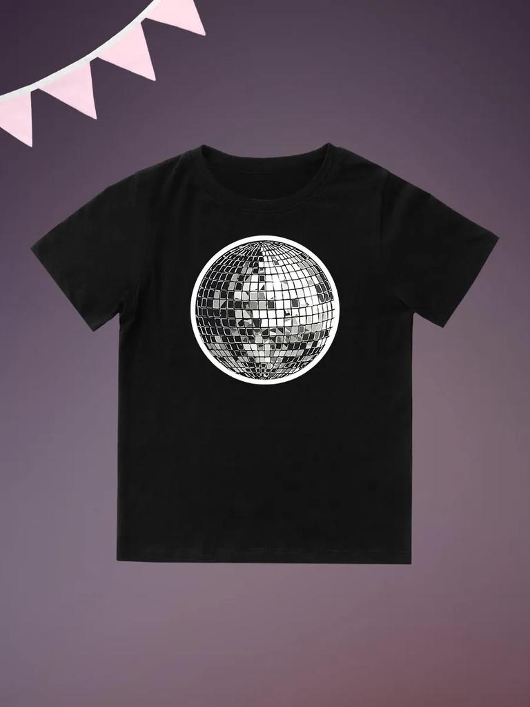 Round Neck Printed Pattern Pullover Short Sleeve Kids Tops Disco Ball