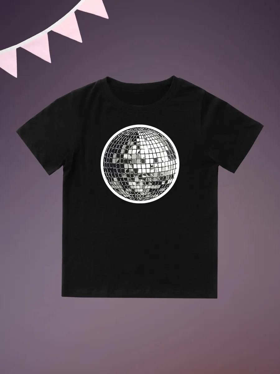 Round Neck Printed Pattern Pullover Short Sleeve Kids Tops Disco Ball 140