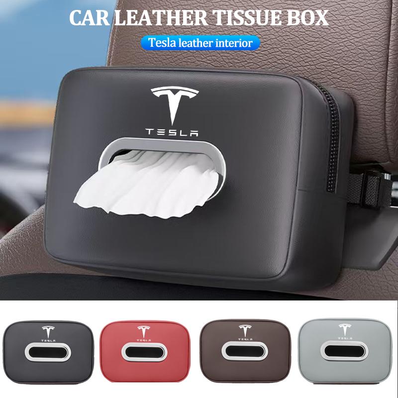 Car Tissue Box Holder Leather Car Center Console Armrest Napkin Case Sun Visor Backseat Bag For Tesla Model 3 Y S X Cybertruck