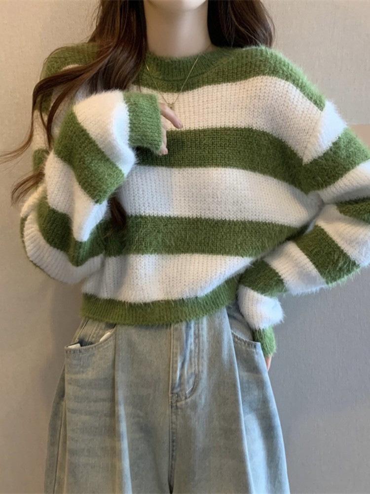 Striped Color Block Loose Knit Sweater - Women's Stylish Long Sleeve Autumn/Winter Top