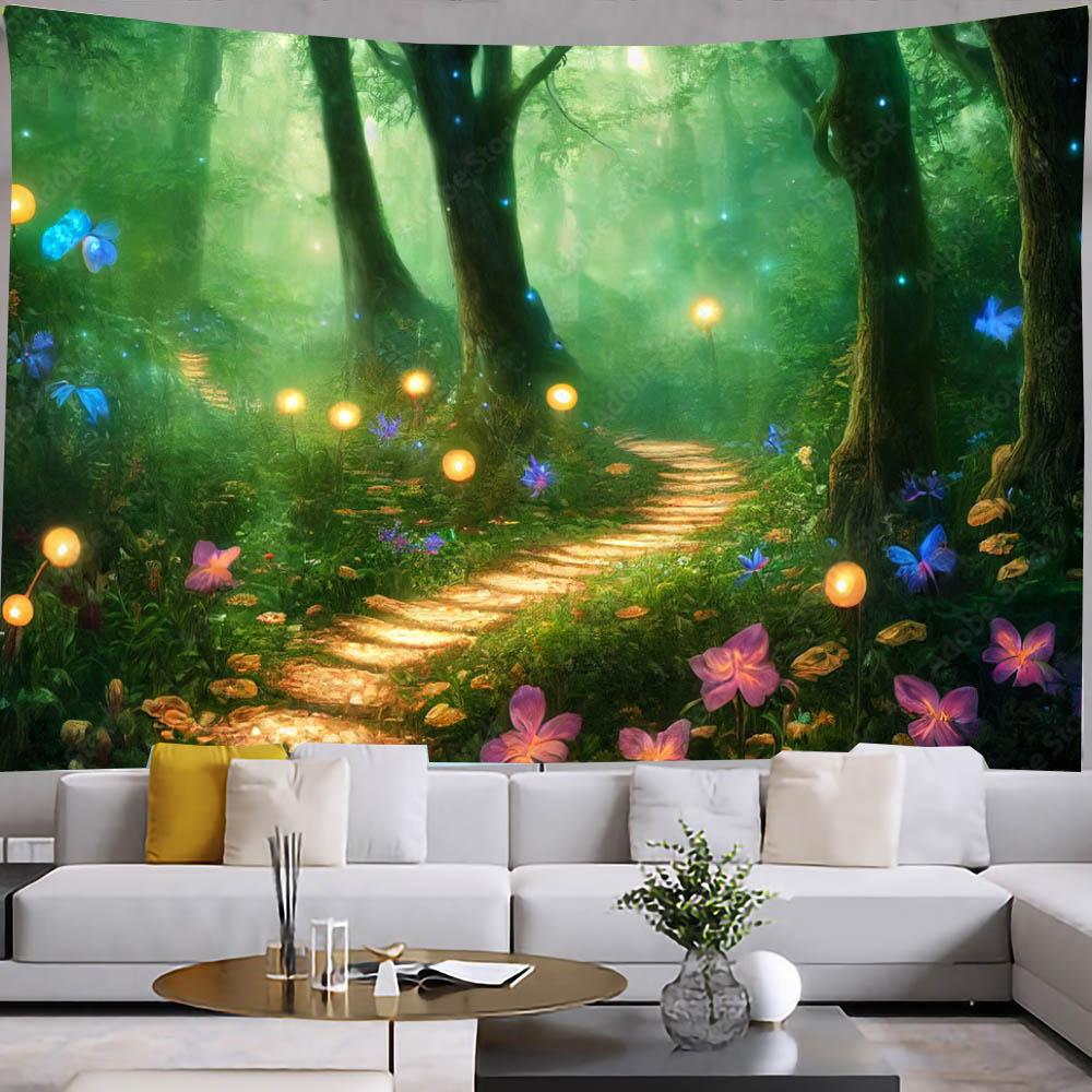 Magic Forest Wall Tapestry Mysterious Hanging Decor Psychedelic Trippy Landscape Tapestries Aesthetic Room Decor Bedroom Blanket