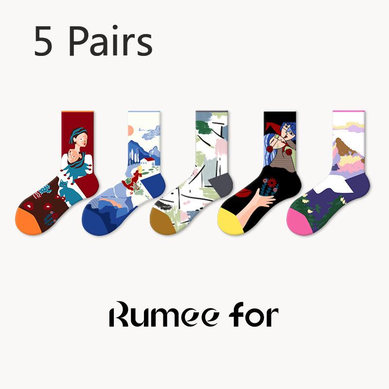 5 Pairs of Women's Spring and Autumn Retro Fashion Non Slip Tube Socks