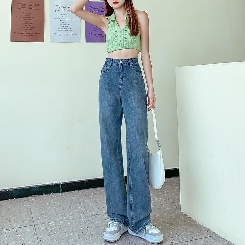 Narrow Version Wide-leg Jeans Women's Autumn Thin Light-colored High-waisted Straight Loose and Thin Small Floor Pants
