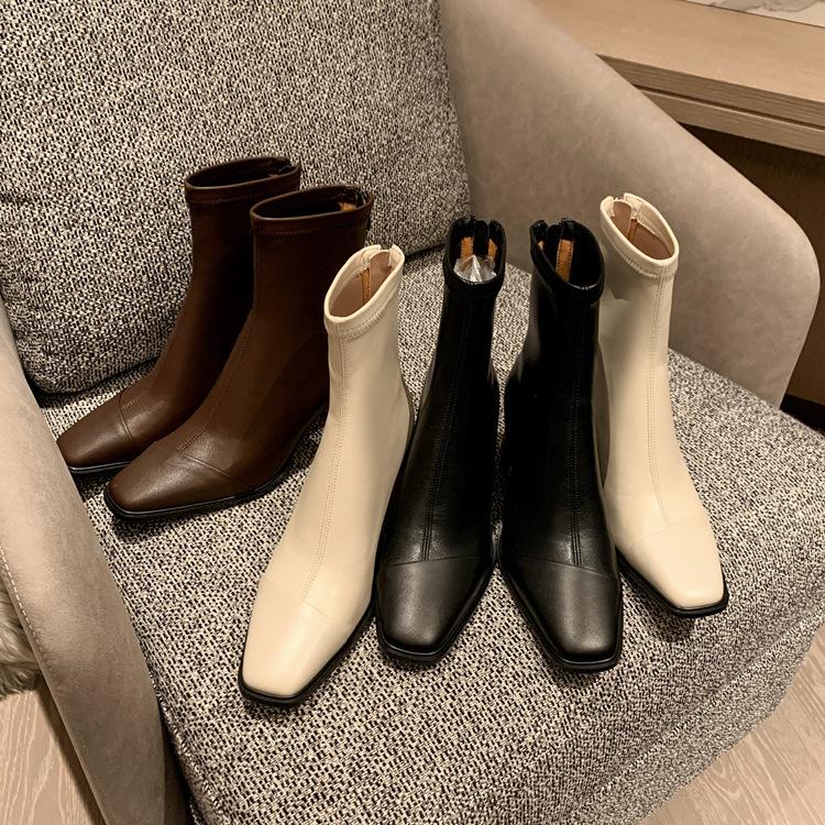 Koreanische Bestellung! Einfach! Braune quadratische Zehenpartie dicke hohe Absätze elastische kurze Stiefel Reißverschluss dünne Single-Stiefel