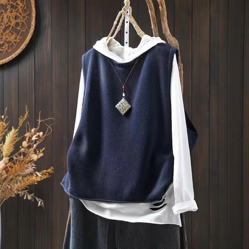 Spring Retro Casual Round Neck Pullover Knitted Vest Women's Loose