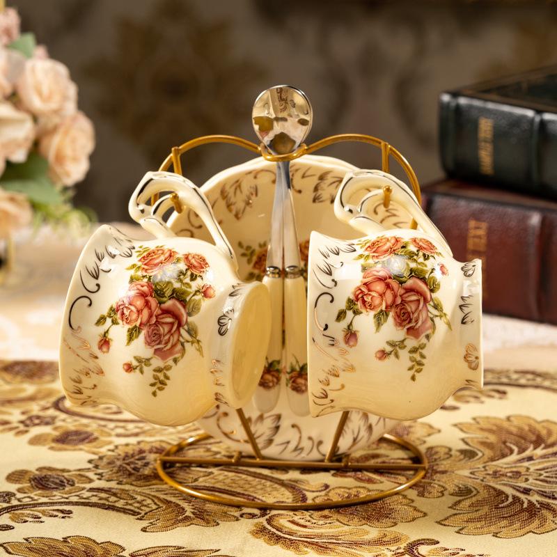 European Floral Tea Cup & Saucer Set with Gold Rim - Light Luxury Afternoon Tea Set for Home Use