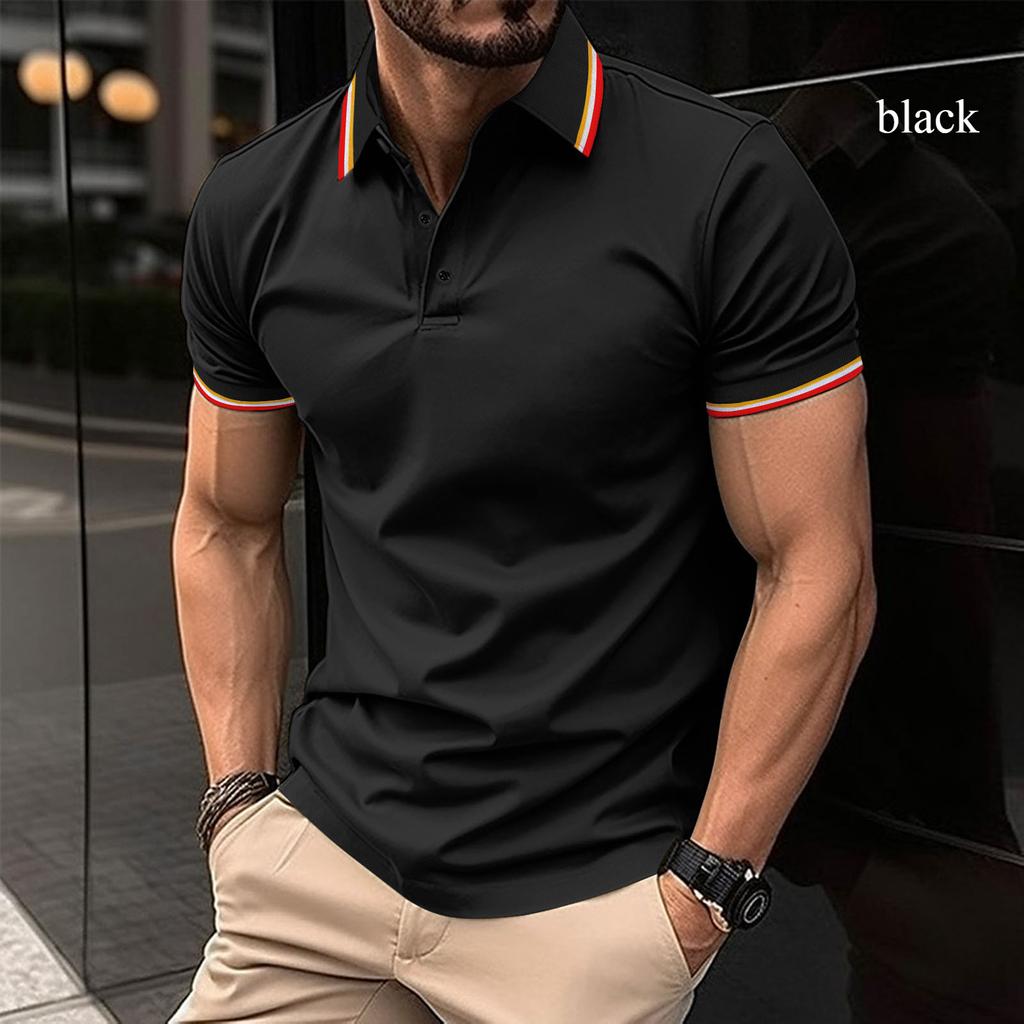 Summer Men's Striped Collar Polos Casual Tops Sports Solid Color Short Sleeve Polo Shirt