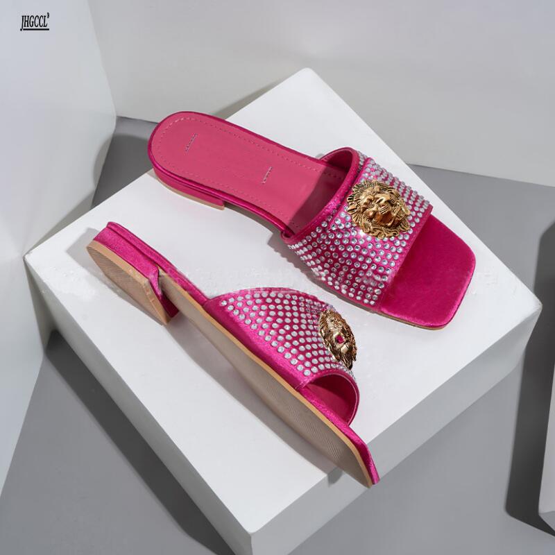 Fashion High-end Diamond Rose Red Women's Slippers Fish-mouthed Back Hollow Lion Cool Slippers Rhinestone Slippers Chain Bag Set B9