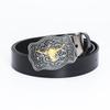 Western Bull Head Belt with Smooth Buckle - Patterned Cowhide Leather Men's Belt