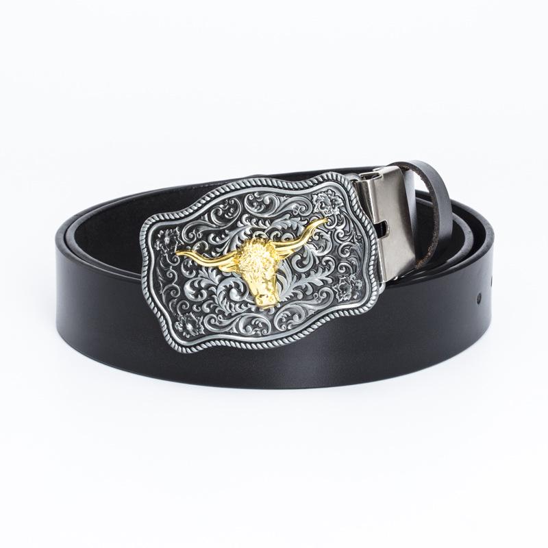 Western Bull Head Belt with Smooth Buckle - Patterned Cowhide Leather Men's Belt