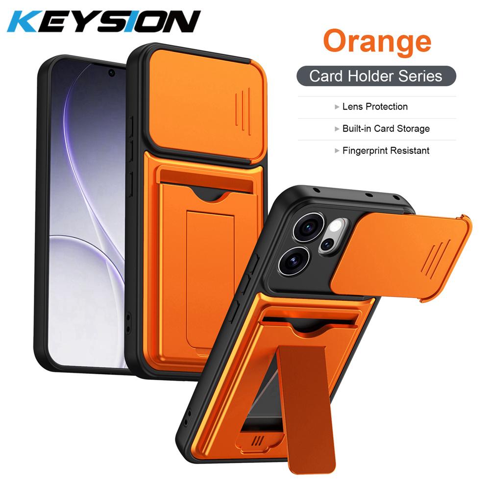 KEYSION Card Slot Holder Bag Phone Case for OPPO Reno15 F 5G Slide Camera Protection Kickstand Shockproof Cover for Reno14 F 5G for OPPO Reno15 F 5G оранжевый