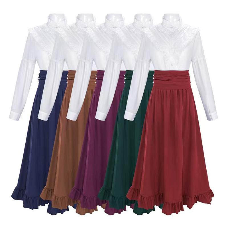 Vestido victoriano renacentista vintage, conjunto de camisa con cuello alto fruncido y falda, adecuado para cosplay, fiestas de té y eventos temáticos