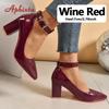 Aphixta 3.94/2.76Inch Super High Square Heels Pumps Women 2cm Belt Buckle Metal Buckle Strap Shoes Pointed Toe Big Size 35-53