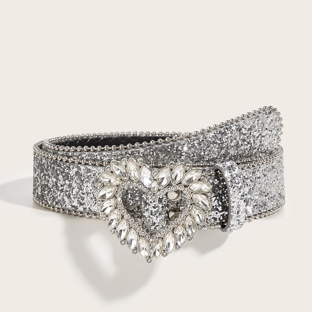 Love Rhinestone Buckle Belt Women'S Wind Wide Belt Decorative Personality Sequined Jeans Belt