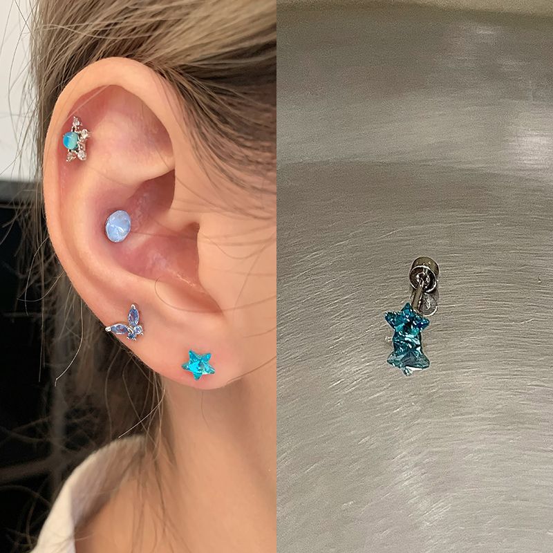 

Ringring Store Medical Titanium Steel Star Ear Studs Titanium Alloy Huazi Ear Bone Stud Ear Ear Bone Pin Five-Pointed Star Earrings Sapphire Star 1 only