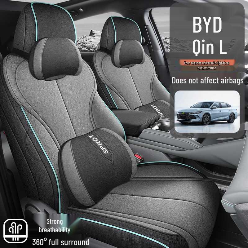 All-Season BYD Qin L Seat Covers: Breathable Linen with Perforated Leather, Fully Enclosed and Ventilated