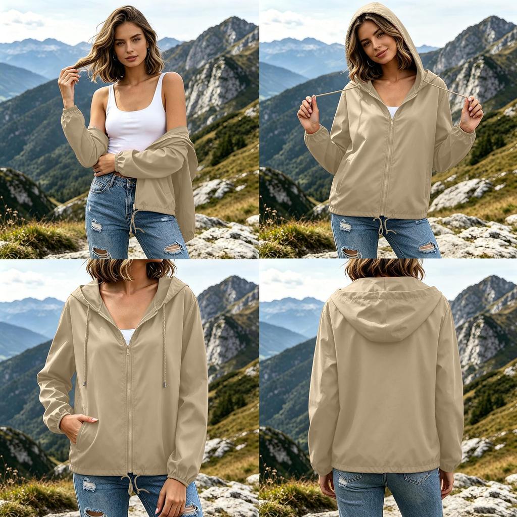 Women Lightweight Hooded Windbreaker Jacket Full Zip Outdoor Casual Sports Coat with Adjustable Drawstring and Pockets for Everyday Use