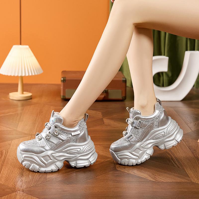 Fashion 2025 Spring New Chunky Sole Dad Shoes for Women Water Diamond Platform Single Shoes Fashionable Hidden Heel Sneakers