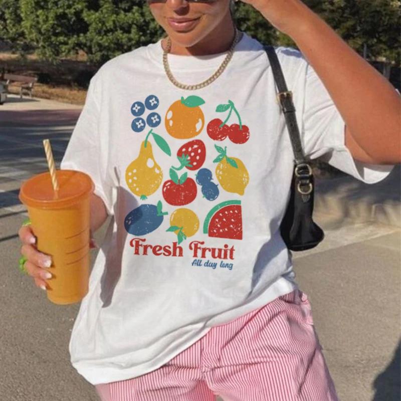 FeUnisex Cartoon Fruit Print T Shirt Cute Y2k Aesthetic TShirt Short Sleeve Loose Streetwear Graphic Tees Women Retro Fashion Top