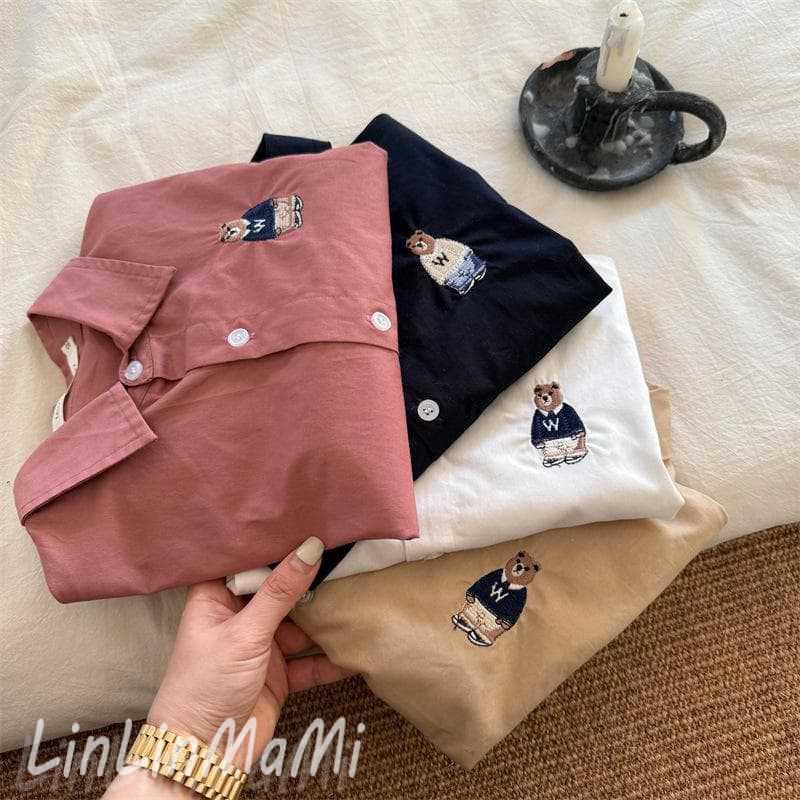 In Stock! 2025 Spring Boys' Cartoon Bear Solid Color Long Sleeve Shirt