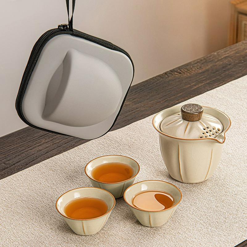 Yellow Ru Kiln Cover Bowl Teacup Ceramic Outdoor Travel Tea Set  Household Single Teapot Tea Making Device Kung Fu Tea Set