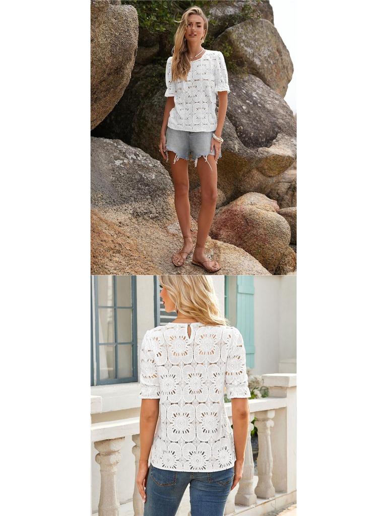 European American Women's Summer Lace Puff Sleeve Top TK2026