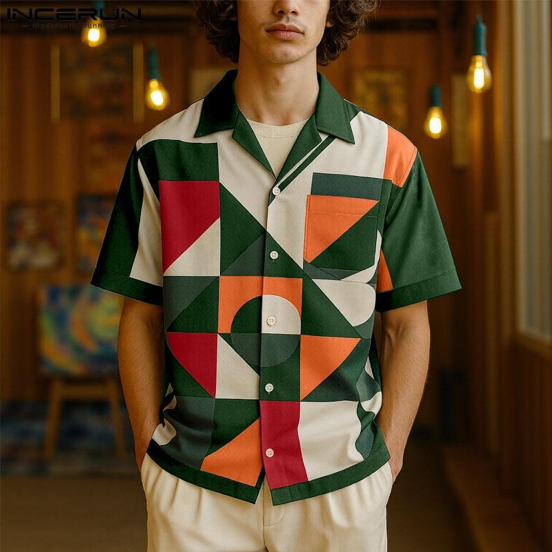 

INCERUN Summer Men Lapel Neck Short Sleeve Colorful Geometric Casual Loose Shirts 5XL зелёный