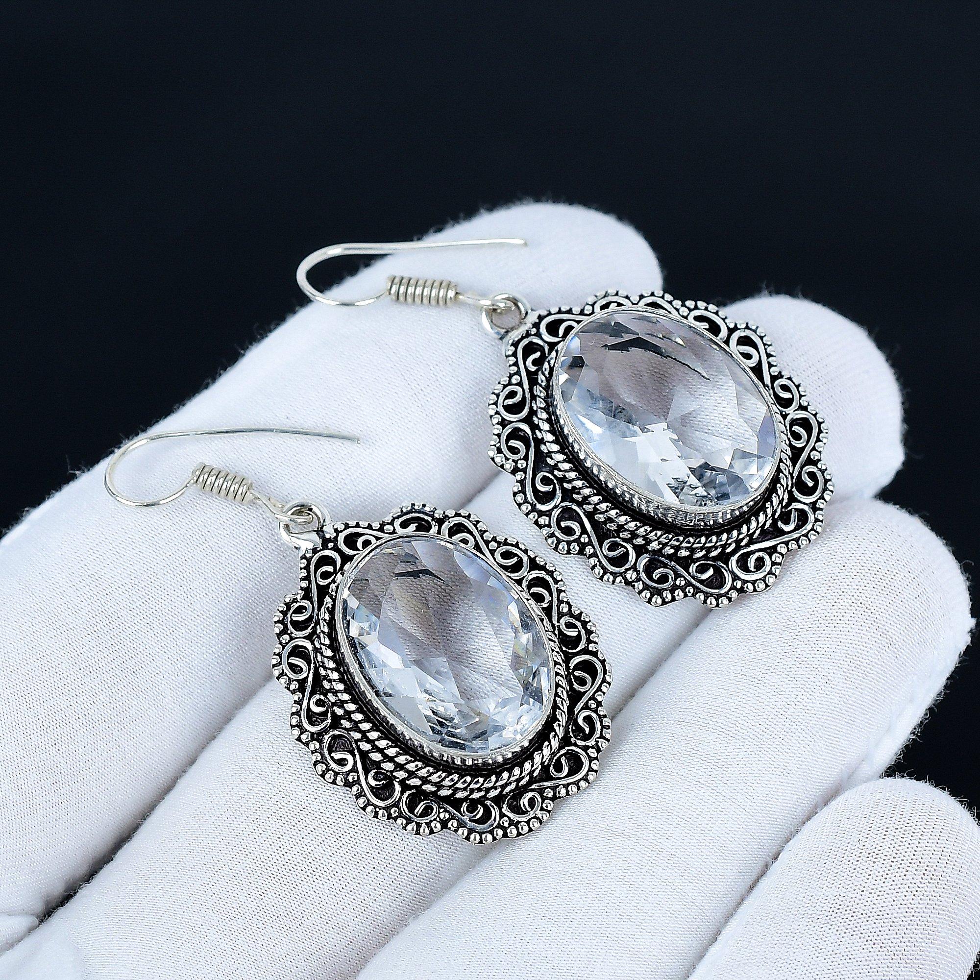 

White Topaz Gemstone Earrings, 925 Sterling Silver Earrings, Silver Earrings For Gift, White Topaz Dangle Drop Earrings For Party Wear Gifts 5 Cm