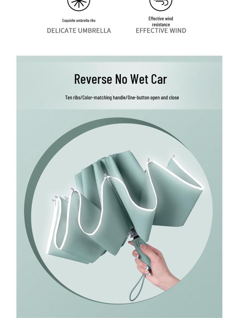 Automatic Reverse Anti-Rebound Umbrella with Reflective Strip, Sun and Rain Protection, Windproof 10-Rib Design