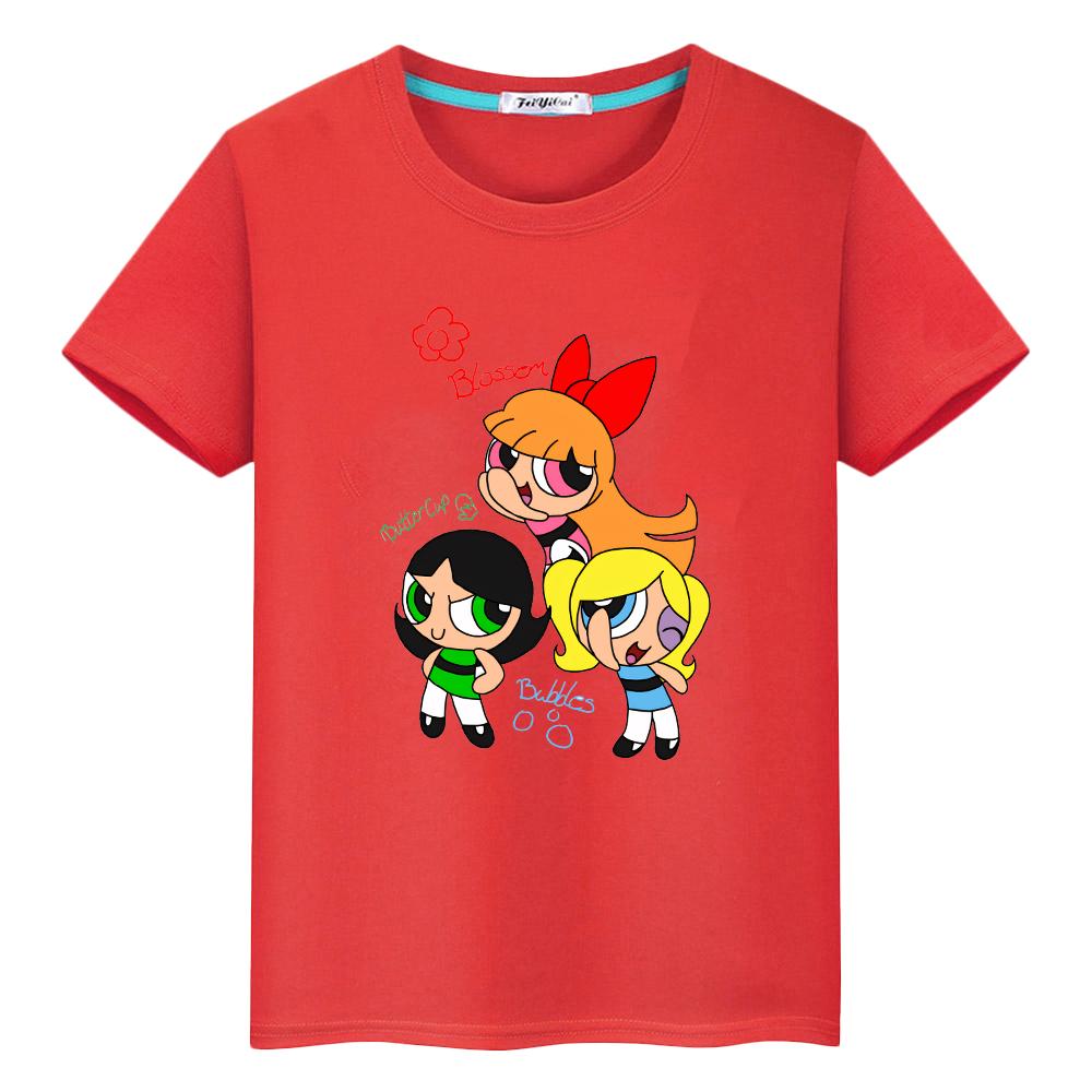 powerpuff girls print  100%Cotton Kawaii Tops anime Short pride tshirt  t shirt for kids boy 10year  y2k one piece girl clothes