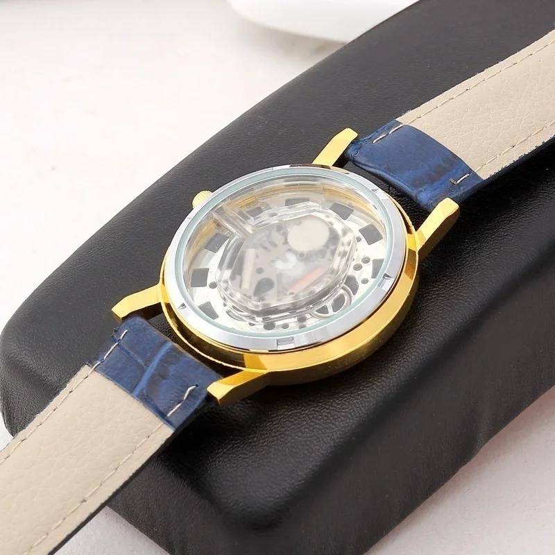 Módní Business Skeleton Hodinky Pánské Gravírování Duté Reloj Hombre Společenské Křemenné Náramkové Hodinky Kožený Řemínek Dámské Hodinky