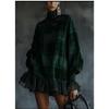 Women's High Neck Long Sleeve Plaid Mini Dress Ruffle Hem Oversized Loose Tunic Dress Casual Commuter Daily Outfit For Spring Wear