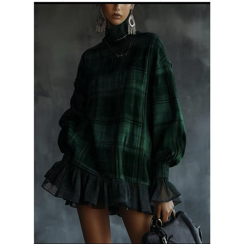 Women's High Neck Long Sleeve Plaid Mini Dress Ruffle Hem Oversized Loose Tunic Dress Casual Commuter Daily Outfit For Spring Wear
