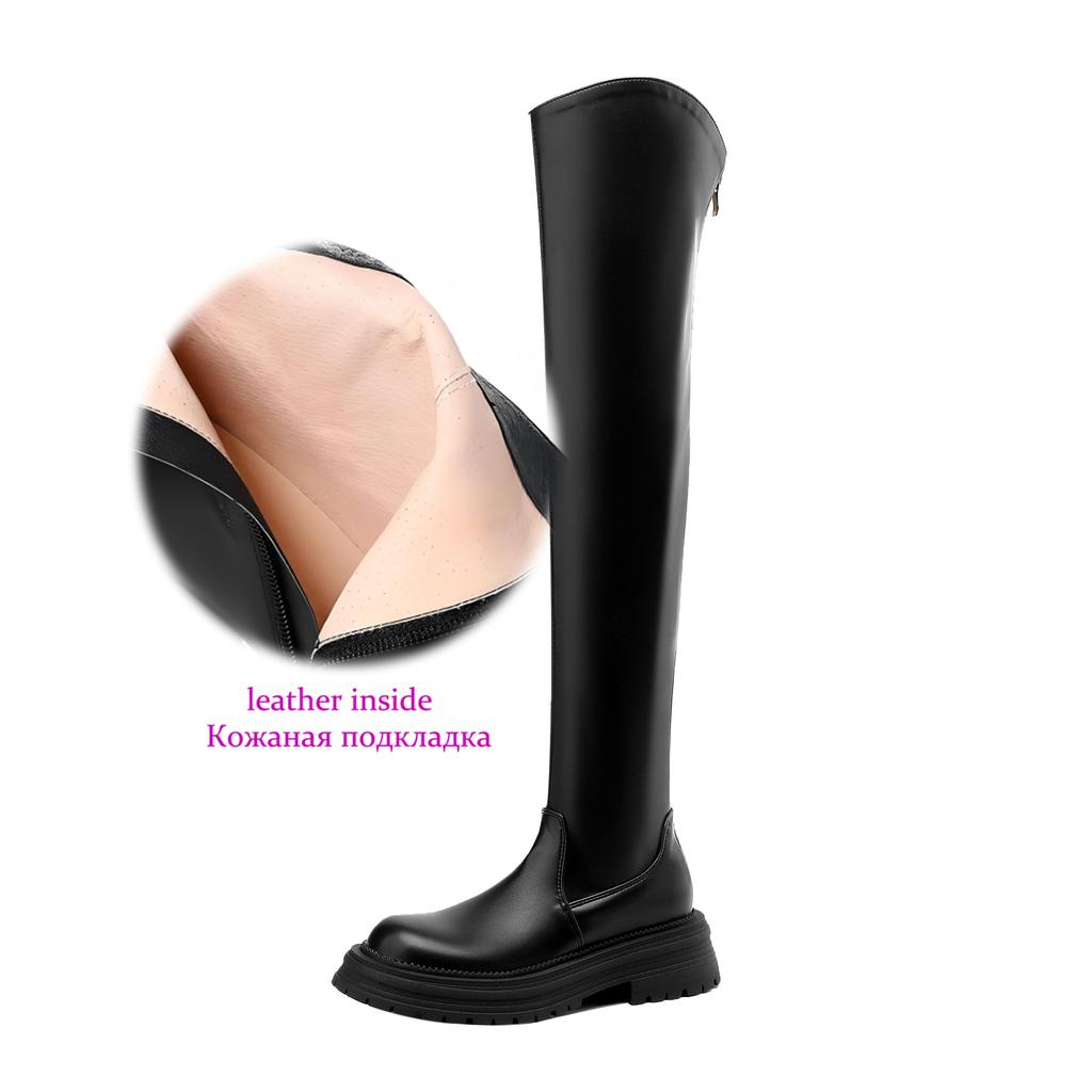 Krazing Pot Microfiber Autumn Winter Shoes Med Heels Flat Platform Size 42 Over-the-knee Boots Slip on Punk Style Elastic Thigh High Boots