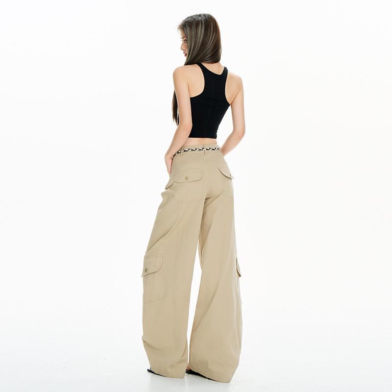Khaki American street loose wide-leg pants for women, summer lazy style work pants, high-waisted casual curved knife sports pants