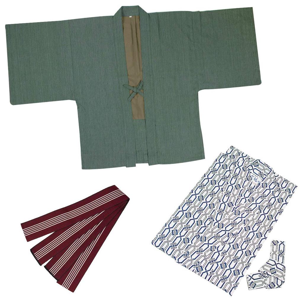 Yukata Inn Set Inn for Women [KYOETSU] Set, Yukata, 4-piece (haori, Yukata, Obi, Laces) (Yukata-145, Haori-Green)