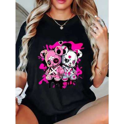 Women Casual T Shirt Black Cartoon Panda Couple Print Summer Top Streetwear Fashion Graphic Tee For Daily Wear