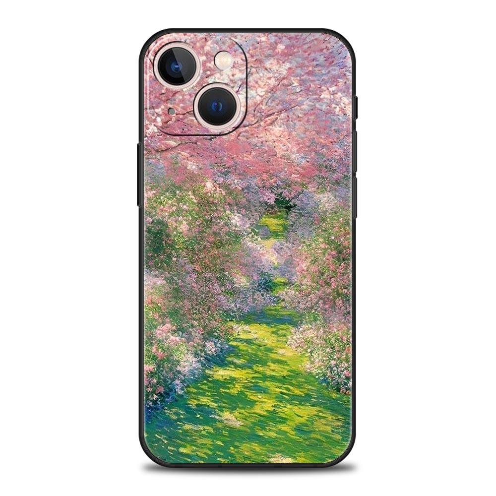 Claude Monet Jardin Peinture Art Étui de Téléphone Pour iPhone 17 16 15 Pro Max 11 12 13 14 7 8 Plus SE 2020 X XR XS Coque Souple Noir