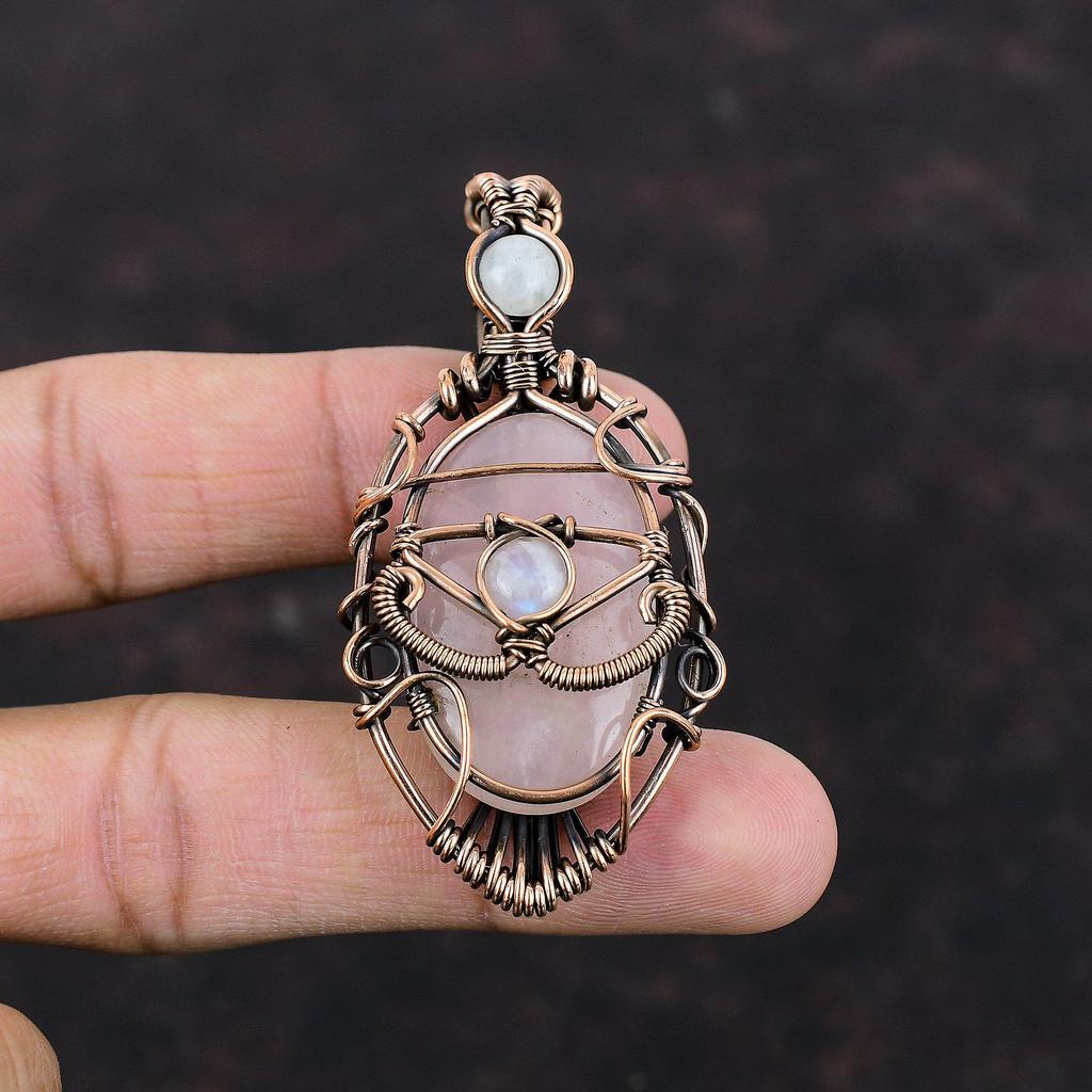 Evil Eye Rose Quartz Pendant Copper Wire Wrapped Pendant Rainbow Moonstone Gemstone Pendant Gift For Him Evil Eye Jewelry Handmade Pendant