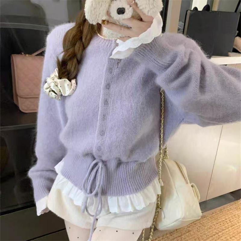 Spring Autumn Mesh Splicing Fake Two Pieces Knitted Sweater Short Cardigan Jacket Loose Crew Neck Korean Casual Sweaters Women