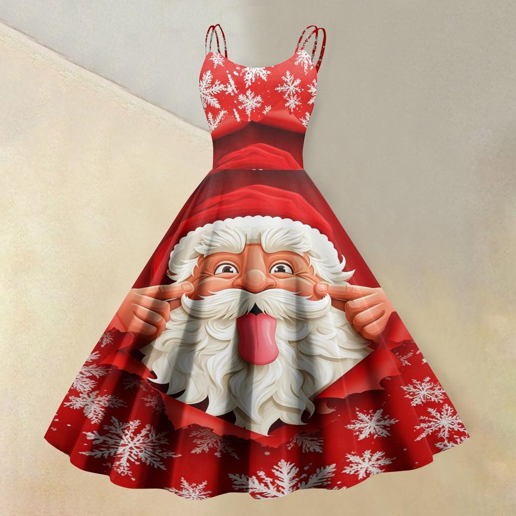 Women's Casual Sleeveless Dress with Christmas Print and Round Neck for Holiday Party