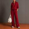 Women's Loose Knit Tracksuit Long Sleeve Half Zip Sweatshirt Drawstring Waist Wide Leg Pants