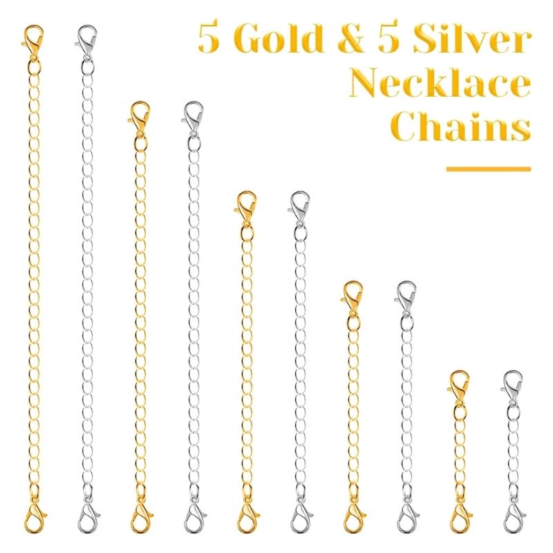10Pieces Necklace Extenders Gold Silver Bracelet Anklet Extension Chains with Lobster Clasps and Closures 5/7/10/12/15cm