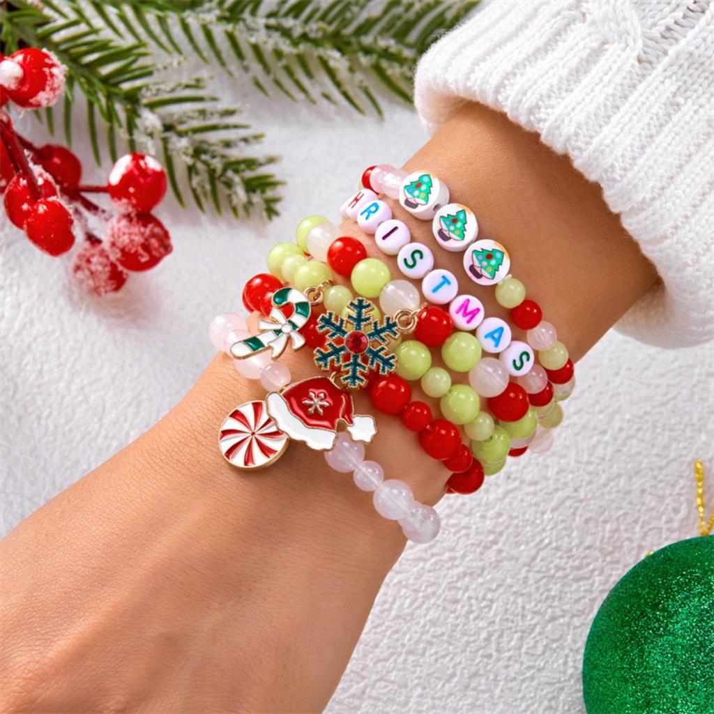 Christmas Snowflake Candy Snowman Reindeer Santa Claus Bell Soft Clay Crystal Rice Bead Multi-Layer Bracelet For Women Men Gift