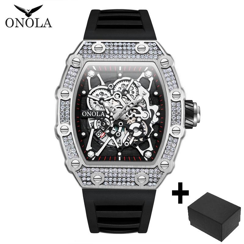 

ONOLA Модные мужские часы Автоматическая дата Спортивный силиконовый ремешок Часы-бочка Часы с бриллиантами чёрный/серебряный