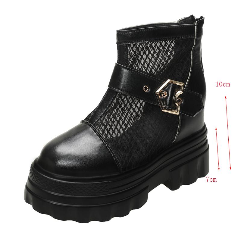 Fashion Pink Lovely Height Increasing Boots Women Breathable Mesh Buckle Zip Decor Summer Boots thick sole chunky platform uniform shoes
