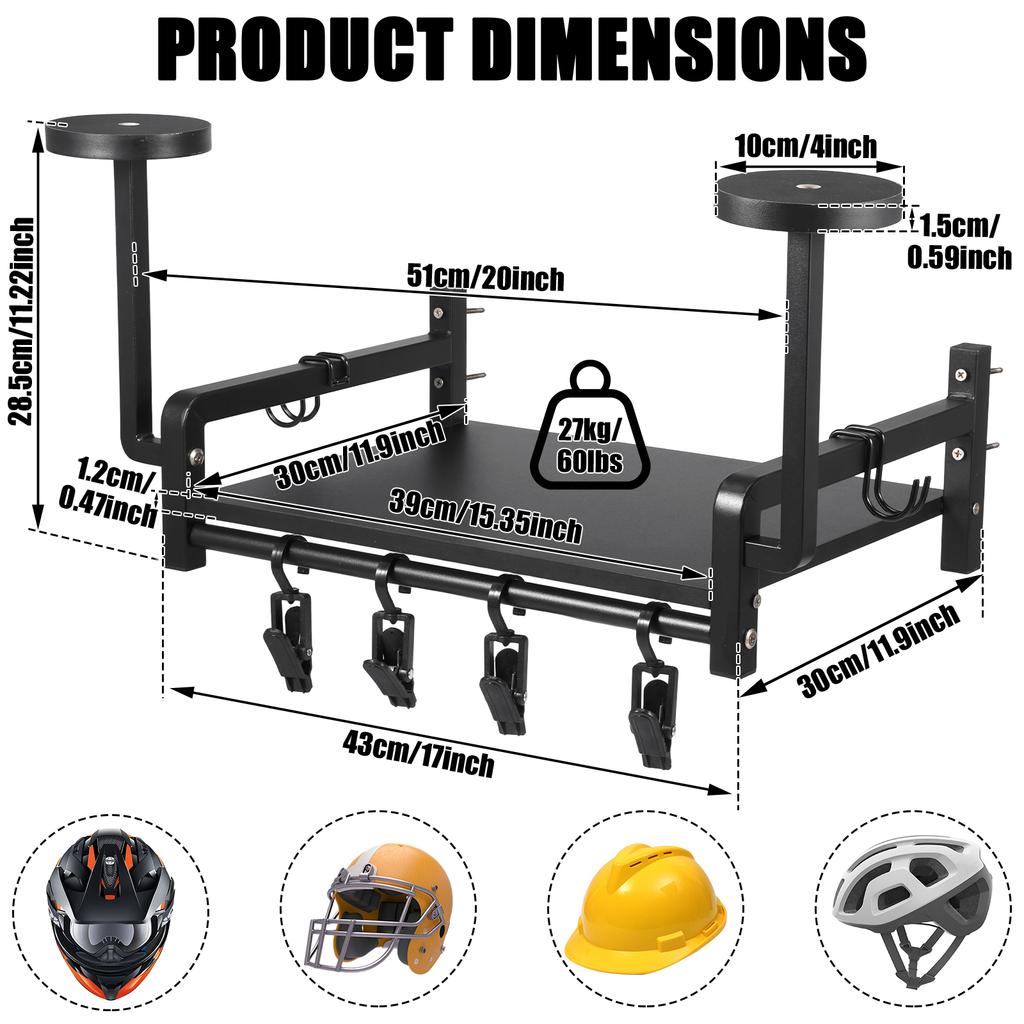 Helmet Holder Wooden Wall Mount Motorcycle Helmet Display Stand with 4 Clip and 2 Hook Multi-purpose Riding Suits Storage Rack