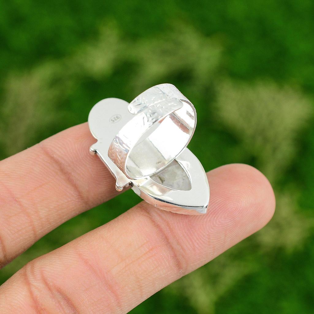 Natural Rainbow Moonstone Stackable Skull And Bone Adjustable Ring 925 Silver