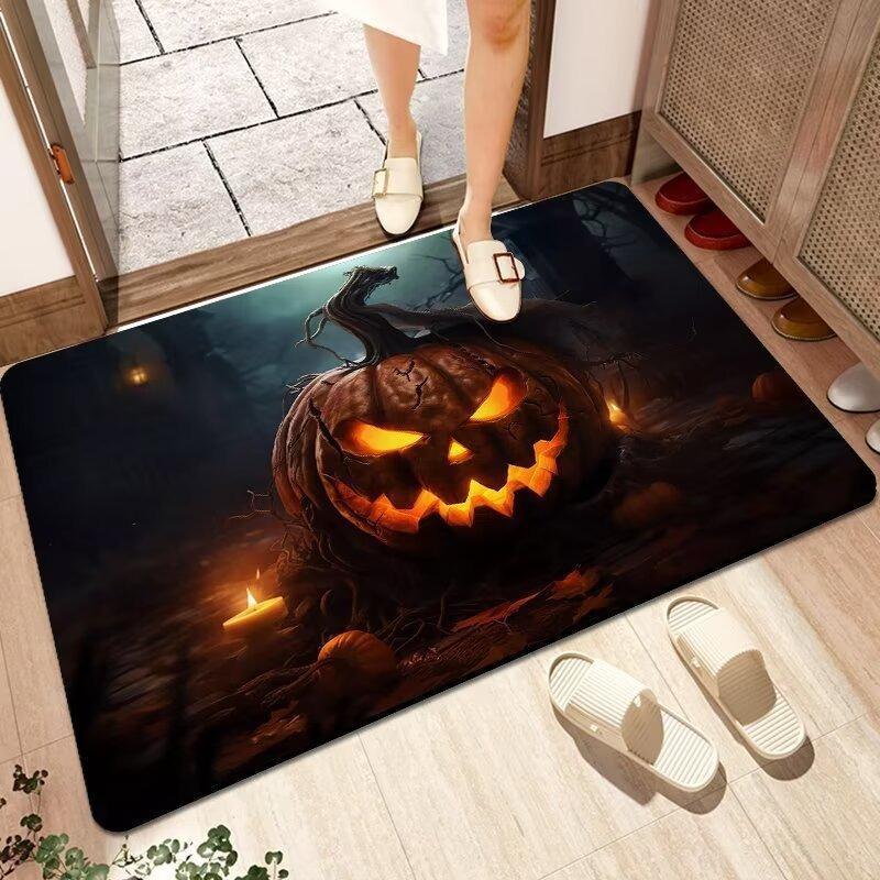 Halloween Themed Door Mat with Pumpkin Bat Pattern Non Slip Absorbent Indoor Outdoor Welcome Mat for Home Decor