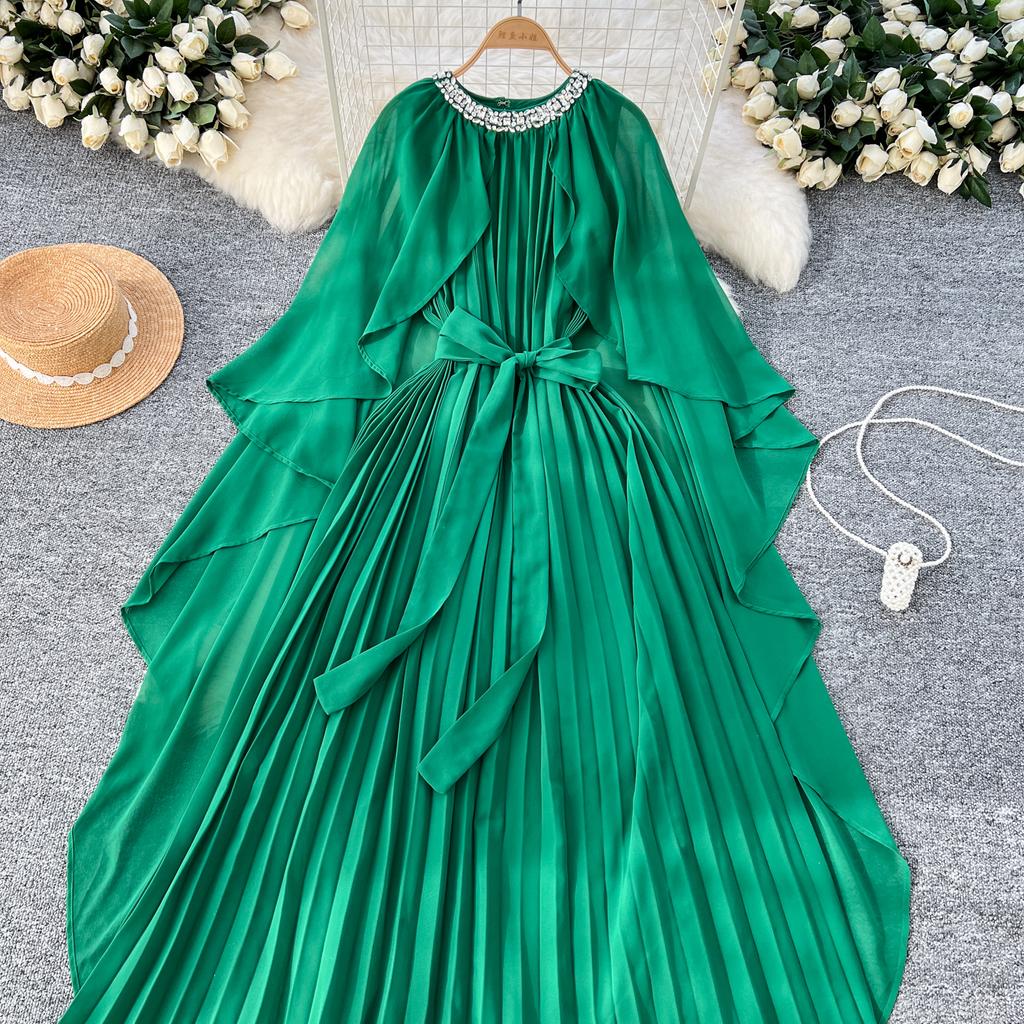 Elegante vestido largo plisado de gasa con cuello redondo, cordones y mangas estilo capa vintage para mujer, ropa de calle de moda